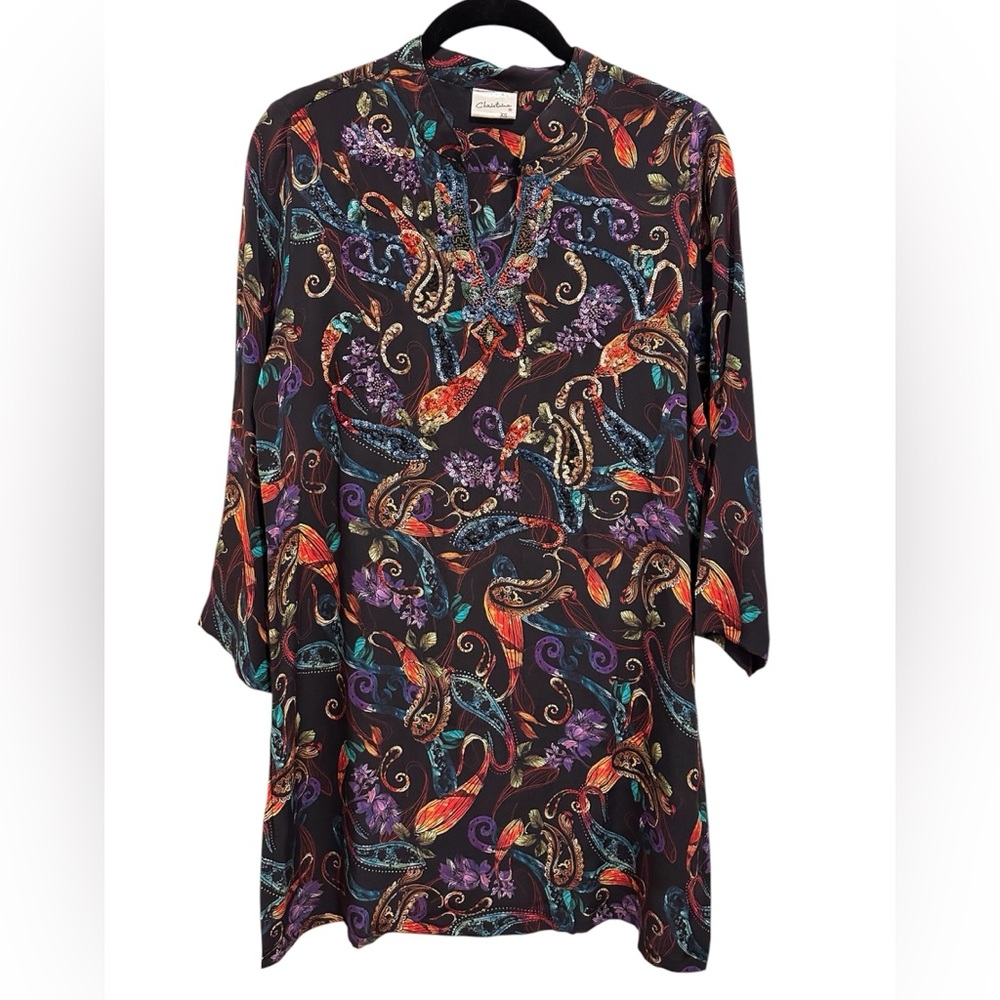 Silk Black Paisley-Print V-Neck Tunic. EUC